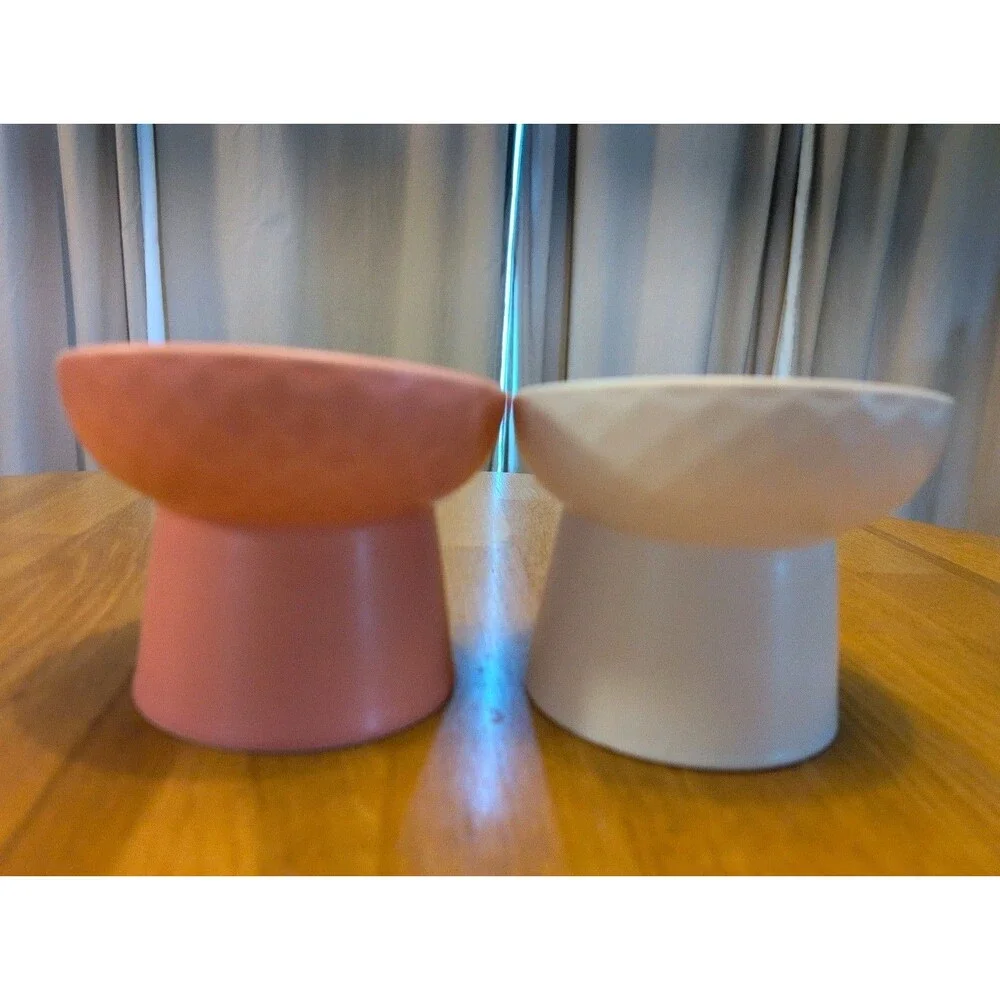Cat Food Bowl Set Tilted Elevated White & Pink Ceramic Cute!! 5